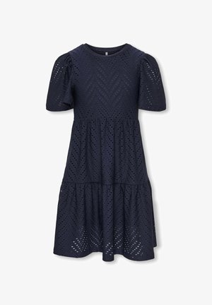 Rochie albastru marin până la genunchi, cu mâneci scurte bufante și material brodat cu model chevron.