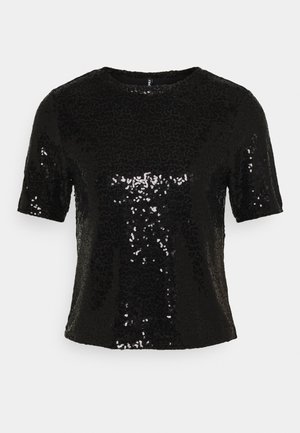 Top noir à manches courtes avec des sequins étincelants partout et un col rond.