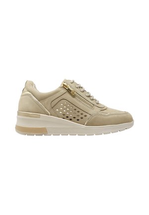 Sneaker casual beige con lacci sul davanti, cerniera laterale, pannello laterale traforato e suola spessa in gomma.