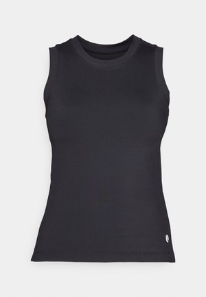 Black sleeveless tank top made from ribbed fabric; features a round neckline and a small logo accent at the bottom hem.