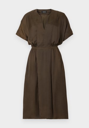 Brown, knee-length dress with short sleeves, V-neck, and cinched waist. Smooth texture with subtle draping details.