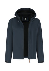 Marineblauwe jas met een capuchon, ritssluiting en een zachte zwarte voering. Heeft een zijzak met rits en verstelbare mouwen.