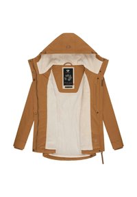 Brown outer jacket with a soft cream fleece lining, hood, and snap closure; features a label with graphic designs inside.