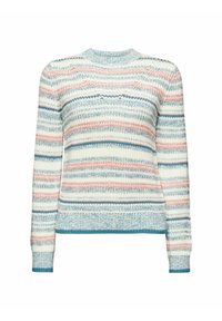 Pull en maille à manches longues avec des rayures horizontales en bleu clair, corail, blanc et des poignets et un ourlet côtelés en bleu canard.