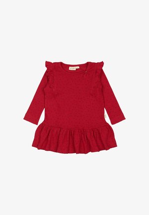 Red cotton dress with long sleeves, ruffled accents, polka dot pattern, and a flared hem. Cute and comfortable for casual wear.