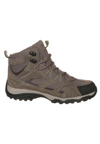 Vandringstövlar i brunt mocka och mesh, med en design som går upp till mitten av vristen, gummitåkap och en sula med bra grepp. Har snörning fram och vadderat stöd för ankeln.