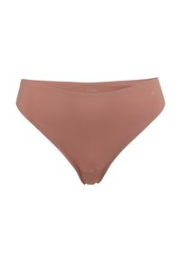 High-waisted bikini bottom in soft, matte blush fabric. Features a subtle logo on the front and smooth, curved edges for a seamless finish.