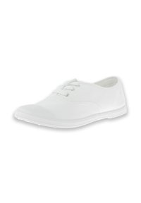 Sneaker bianco in tela con punta arrotondata, design con lacci e suola in gomma testurizzata. Presenta uno stile minimalista e una superficie liscia.