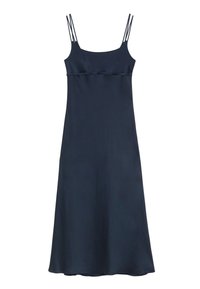 Robe midi bleu marine sans manches avec encolure dégagée et fines bretelles doubles, présentée sur fond blanc.