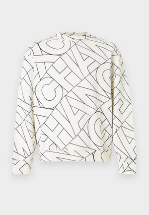 Hanorac alb cu un model geometric de text negru. Are guler rotund, mâneci lungi și manșete elastice. Material moale și croială lejeră.