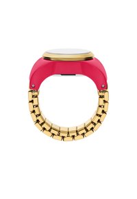 Rosa plastikur med rund hvid urskive, guld-tone bezel og armbånd i guld metal med rektangulære led.