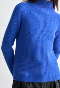 Frau in einem leuchtend blauen, gestrickten Rollkragenpullover und einem schwarzen Lederrock, von der Brust bis zur Hüfte fotografiert.