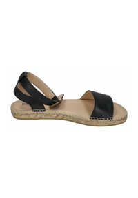 Black leather sandal with two straps, braided jute detailing on the sole, and a flat design. Open back for easy wear.