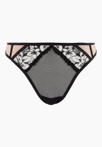 String en dentelle noire avec panneaux en maille et détails floraux. Comprend des bords festonnés et des accents nude, mettant en valeur les éléments de design complexes.