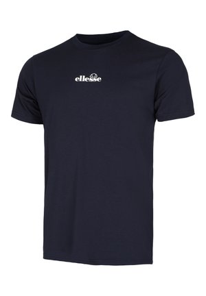 Marineblaues T-Shirt mit kurzen Ärmeln und weißem "ellesse"-Logo mittig auf der Brust, mit rundem Ausschnitt.