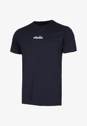 Marineblaues T-Shirt mit kurzen Ärmeln und weißem "ellesse"-Logo mittig auf der Brust, mit rundem Ausschnitt.