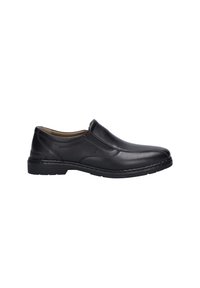 Zapatos negros de cuero sin cordones con una textura suave, punta redondeada y detalles de costura mínimos. Presentan un tacón ligeramente elevado y una suela flexible.