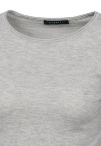 Graues Baumwoll-T-Shirt mit Rundhalsausschnitt, das eine glatte Textur und ein dezentes meliertes Muster aufweist, mit einem markierten Etikett am Kragen mit "bugatti".