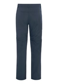 Marineblauwe outdoor wandelbroeken met afritsbare pijpen, achterkant gezien, met riemlussen en naaddetails bij de knieën voor het omzetten naar een korte broek.