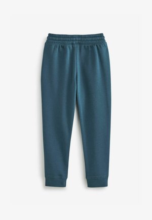 Teal joggerbukser med elastisk talje, tætsiddende manchetter og en blød tekstur, designet til komfort og afslappet brug.