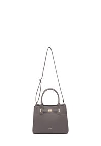Sac à main en cuir gris avec poignées doubles, bandoulière amovible et forme rectangulaire. Présente des ferrures en ton doré et des coutures discrètes.