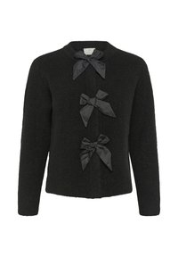 Sort strikksweater med rund halsudskæring, tre sorte satinbuer som pynt og lange ærmer. Den strukturerede stof tilføjer dybde.