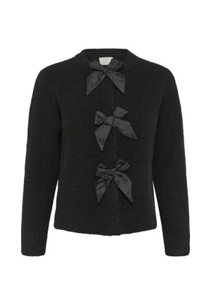Cardigan nero a maglia con scollo rotondo, tre fiocchi in satin nero come dettagli e maniche lunghe. Il tessuto testurizzato aggiunge profondità.