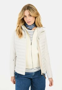 Witte gewatteerde jas met ritssluiting, voorzien van een capuchon en een gestikte textuur. Dragen over een crèmekleurige top en een blauw gestreepte sjaal. Blauwe jeans.