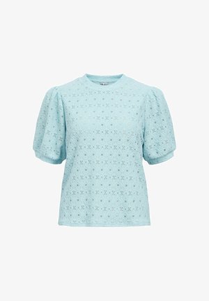 Modra čipkasta bluza z napihnjenimi kratkimi rokavi in okrolim izrezom z nežnim cvetličnim vzorcem iz luknjic.