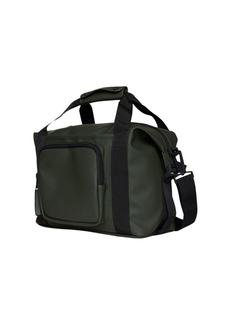 Borsa in materiale sintetico verde scuro con manici superiori e tracolla rimovibile. Presenta una tasca frontale con zip e dettagli resistenti.