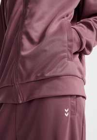 Idrottsdräkt i mauve tyg med en mjuk textur. Innehåller en jacka med dragkedja och avsmalnande byxor med små, vita chevron-accenter.