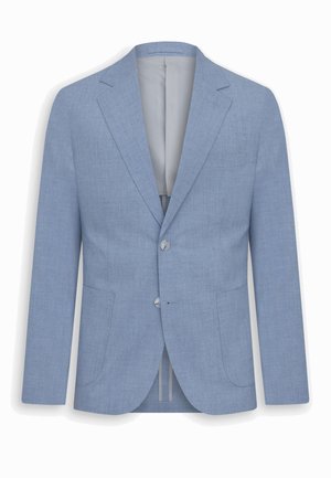 Blazer azul claro para hombre con dos botones, solapas con muesca, dos bolsillos parche delanteros y un bolsillo de ojal en el pecho.
