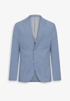 Blazer azul claro para hombre con dos botones, solapas con muesca, dos bolsillos parche delanteros y un bolsillo de ojal en el pecho.