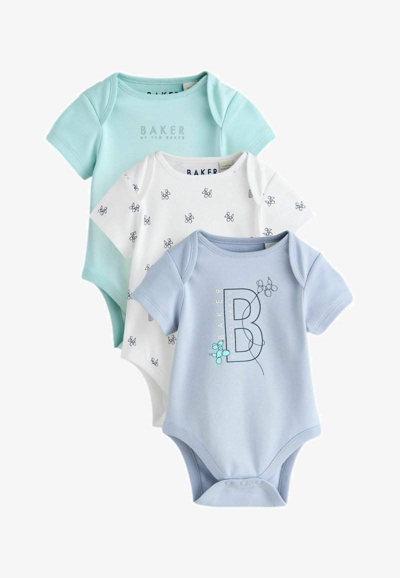 Tre babybodystockings: en lyseblå med "BAKER" og et blomstermotiv, en hvid med et mønster af små blomster, og en mintgrøn.