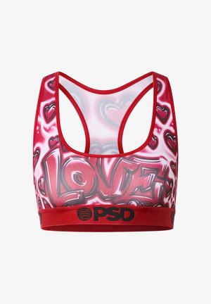 Červená sportovní podprsenka s designem na zádech ve stylu závodníka, nápisy „LOVE“ ve stylu graffiti a motivy srdcí, a černé logo „PSD“ na spodním pásu.
