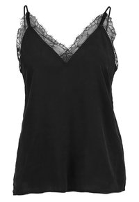Camisole noire avec un décolleté en V et une bordure en dentelle. Fabriquée en tissu lisse, elle dispose de bretelles réglables et d'une coupe décontractée.
