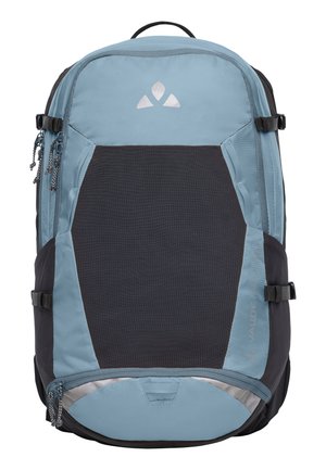 Light blue and black backpack made of textured fabric with multiple zippered compartments and reflective accents. Features ergonomic straps and handle.