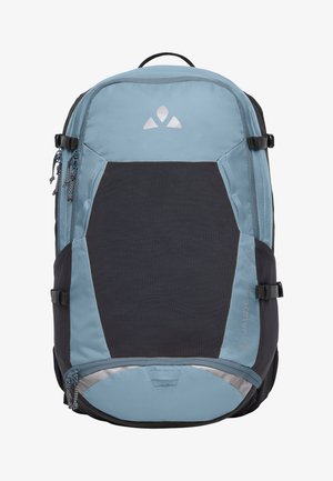 Helles Blau und schwarzer Rucksack aus strukturiertem Stoff mit mehreren Reißverschlussfächern und reflektierenden Akzenten. Verfügt über ergonomische Riemen und einen Griff.