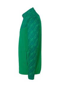 Grøn jakke med høj krave, der har et struktureret mønster på den øverste del. Den har sidelommer og en glat finish.