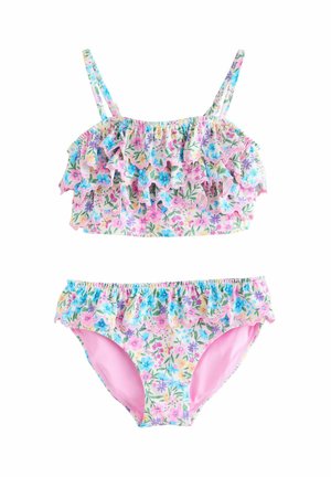 Blumiges zweiteiliges Bikini-Set mit einem rüschengesäumten Crop-Top und passenden Slips. Das Material ist weich und in einer Pastellfarbpalette aus Rosa, Blau und Grün gehalten.