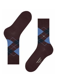 Chaussettes marron avec un motif argyle en bleu, vert foncé et bordeaux. Texture lisse avec un pied uni et une cheville à motif contrasté.