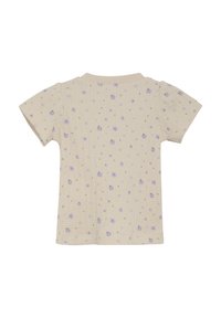 Kortærmet, ribbet bomuldsskjorte i beige med lilla blomsterprint og grønne detaljer. Har en beige flad krave og en lige kant.