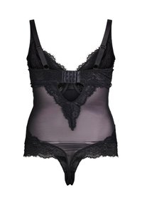 Body in pizzo nero con pannelli trasparenti, bordo in pizzo floreale, spalline regolabili e design a oblò sul retro. Texture morbida e liscia.