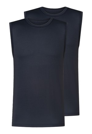 Twee effen donkerblauwe navy mouwloze ronde hals ondershirts op elkaar gestapeld, waarbij het voorste shirt volledig zichtbaar is en het achterste shirt gedeeltelijk zichtbaar.