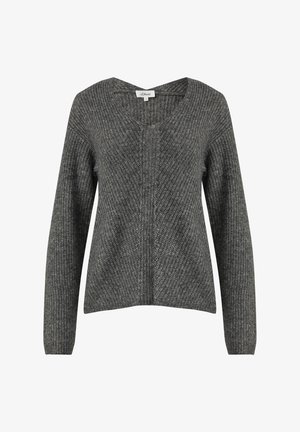 Maglione grigio scuro a collo a V, lavorato a maglia, con maniche lunghe e un motivo testurizzato, mostrato su uno sfondo bianco.