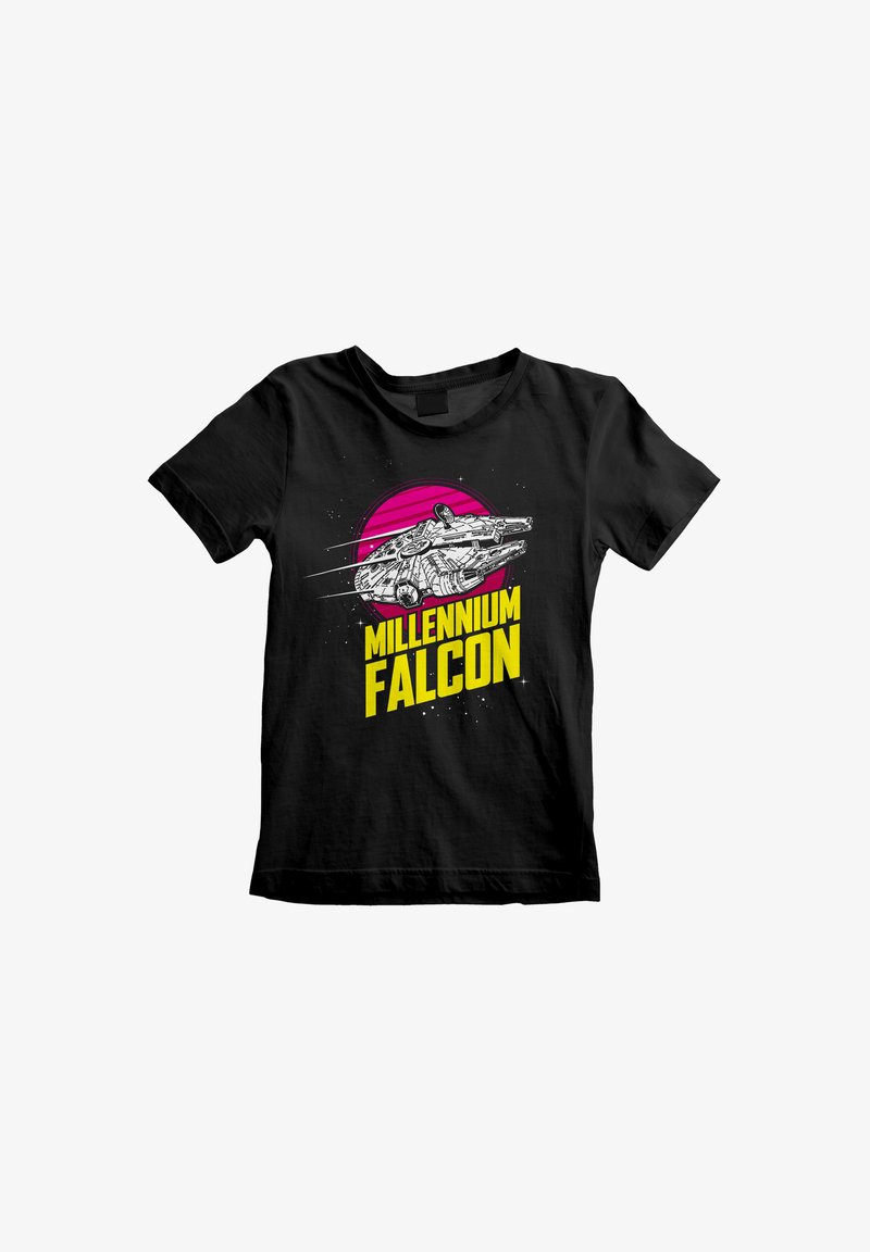 Černé tričko s grafikou Millennium Falcon a textem "MILLENNIUM FALCON" tučným žlutým písmem na růžovém pozadí.