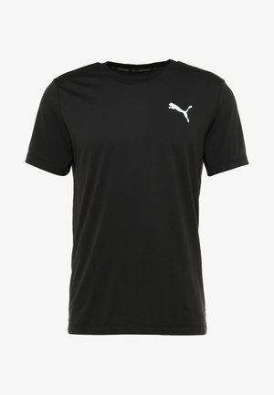 Czarny krótki rękaw sportowy T-shirt wykonany z gładkiego materiału, z okrągłym dekoltem i małym białym logo Puma na lewej piersi.