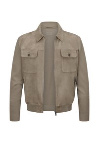 Braune Wildlederjacke mit zwei Brusttaschen und gerippten Bündchen. Verfügt über einen Reißverschluss vorne und eine glatte Textur, die lässige und strukturierte Designelemente kombiniert.