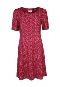 Kurzarmkleid aus pinkfarbigem Stoff mit floralem Muster, mit einem quadratischen Ausschnitt und ausgestellter Silhouette. Weicher Textur, knielanges Design.