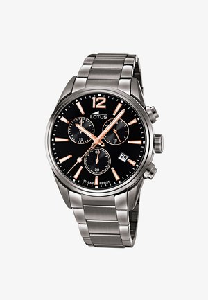 Men's silver metal bracelet chronograph watch with black dial, rose gold hour markers, three subdials, date window, and brand name "Lotus" below 12.